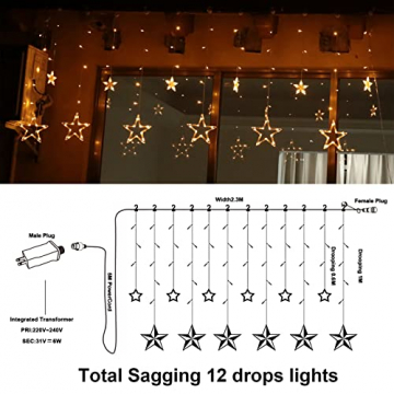 12 Sterne 138 LEDs Lichterkette, 2.3m Lichtervorhang Warmweiß Weihnachtsbeleuchtung Innen/Außen Sternenvorhang 8 Modi Für Innen Außen, Weihnachten, Party, Deko, Hochzeit, Halloween - 5