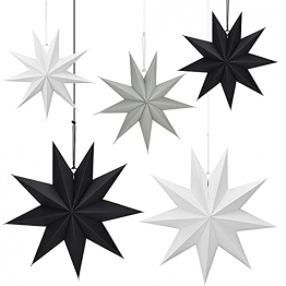 5 Stück Papiersterne für Weihnachts Deko, 9 Zacken Weihnachtspapiersterne, 30cm x 3 + 45cm x 2, Skandinavisch Papiersterne für Weihnachtsdekoration, Fensterdekoration,Advent,DIY (Weiß, Schwarz, Grau) - 1