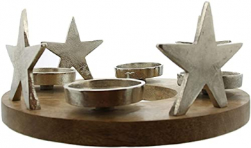 Adventskranz Silbersterne aus Holz & Alu, Tischkranz mit 4 Kerzenhaltern - 3