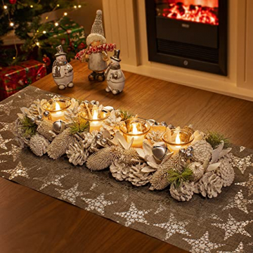 COM-FOUR® Adventskranz länglich, Kerzenständer Weihnachten für 4 Kerzen, Kerzenhalter, Adventsgesteck, XL Adventskerzenhalter, Kerzenleiste als Tischdeko (mit Glitzer - weiß) - 2