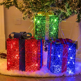 DELICHTER LED Weihnachtsdeko, 3× Rot/Grün/Blau Geschenkbox mit schleifen Weihnachtsbeleuchtung für Innen,zimmer,Wohnung beim Tannenbaum - 1