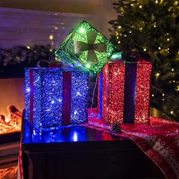 DELICHTER LED Weihnachtsdeko, 3× Rot/Grün/Blau Geschenkbox mit schleifen Weihnachtsbeleuchtung für Innen,zimmer,Wohnung beim Tannenbaum - 5