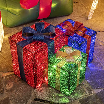DELICHTER LED Weihnachtsdeko, 3× Rot/Grün/Blau Geschenkbox mit schleifen Weihnachtsbeleuchtung für Innen,zimmer,Wohnung beim Tannenbaum - 7