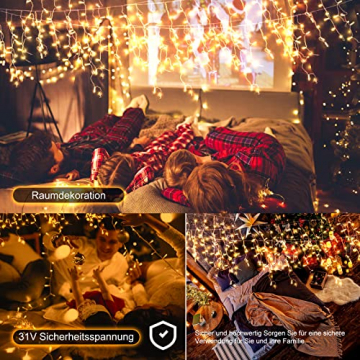 Eisregen Lichterkette Außen, 4m 240 LEDs Lichterketten Vorhang, 8 Modi Weihnachtsbeleuchtung, IP44 wasserdicht für Innen Außen Weihnachtsdeko, Schlafzimmer , Party, Balkon, Garten Deko(Warmweiß) - 4