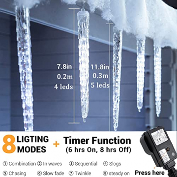 Geemoo Eiszapfen Lichterkette Außen Weiß, 4M 90 LED Weihnachtsbeleuchtung Außen, 20 Eiszapfen, 8 Modi, Timer, Strombetrieben, Anschließbar Eisregen Lichterkette für Weihnachten Deko - 2