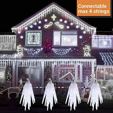 Geemoo Eiszapfen Lichterkette Außen Weiß, 4M 90 LED Weihnachtsbeleuchtung Außen, 20 Eiszapfen, 8 Modi, Timer, Strombetrieben, Anschließbar Eisregen Lichterkette für Weihnachten Deko - 3