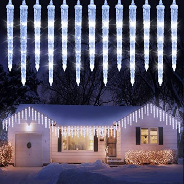 Geemoo Eiszapfen Lichterkette Außen Weiß, 4M 90 LED Weihnachtsbeleuchtung Außen, 20 Eiszapfen, 8 Modi, Timer, Strombetrieben, Anschließbar Eisregen Lichterkette für Weihnachten Deko - 1