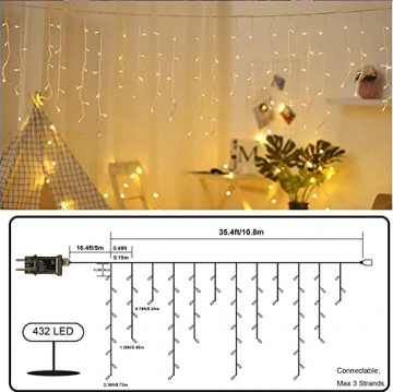 Qedertek 432 LED Eisregen Lichterkette Außen/innen, 10.8M Eisregen Lichtervorhang Weihnachtsbeleuchtung, 8 Modi, Timer, Dimmbar Lichterkette mit Fernbedienung, Weihnachts Deko, Balkon (Warmweiss) - 3