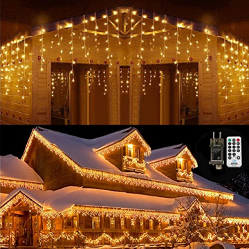 Qedertek 432 LED Eisregen Lichterkette Außen/innen, 10.8M Eisregen Lichtervorhang Weihnachtsbeleuchtung, 8 Modi, Timer, Dimmbar Lichterkette mit Fernbedienung, Weihnachts Deko, Balkon (Warmweiss) - 1