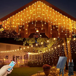 Solar Lichtervorhang Aussen, SODREE Eisregen Lichterkette Außen 13M 720 LED Warmweiß Lichterkettenvorhang mit Timer, IP44 wasserdicht 8 Modi Solar Lichterkette Aussen für Schlafzimmer Hochzeit Party - 1