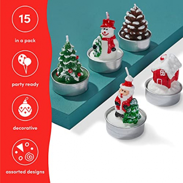 THE TWIDDLERS 15 Mini Weihnachten Teelichter Kerzen Ohne Duft, 5 Designs, 5x4cm - Weihnachtliche Tischdekoration - 5