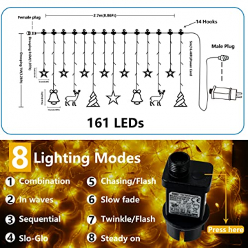 Weihnachtsdeko Lichtervorhang - 2,7M 161 LEDs 8Modi Lichterkette mit 7 Sterne 7 Weihnachtsbeleuchtung für Außen Innen - 5