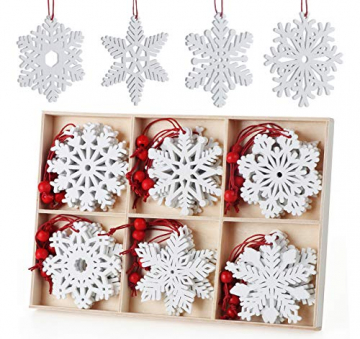 Anstore 30 Stück Christbaumschmuck Holz Schneeflocke Weihnachtsbaum Hängende Ornamente weiß Verzierung Holzscheiben (7cm) - 1