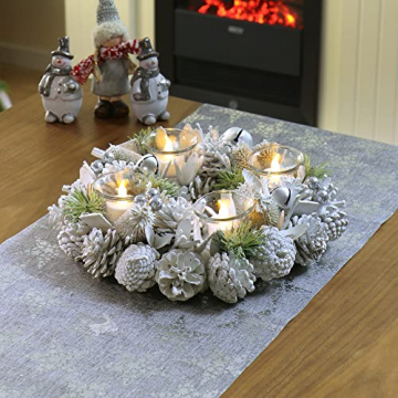 COM-FOUR® Tischkranz für Weihnachten - weißer Adventskranz mit Glitzer - Dekokranz mit 4 Teelichthaltern - Weihnachtskranz mit Kerzenhalter (Adventskranz L) - 2