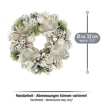 COM-FOUR® Tischkranz für Weihnachten - weißer Adventskranz mit Glitzer - Dekokranz mit 4 Teelichthaltern - Weihnachtskranz mit Kerzenhalter (Adventskranz L) - 6