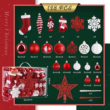 SOLEDI 128er Set Premium Weihnachtskugeln Kunststoff Rot Weiß mit Baumspitze Stern - Robuste und Sichere Christbaumschmuck Set mit Haken - Christbaumkugeln Bunt, Mehrweg Weihnachtsdeko - 2