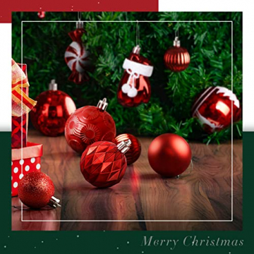 SOLEDI 128er Set Premium Weihnachtskugeln Kunststoff Rot Weiß mit Baumspitze Stern - Robuste und Sichere Christbaumschmuck Set mit Haken - Christbaumkugeln Bunt, Mehrweg Weihnachtsdeko - 3