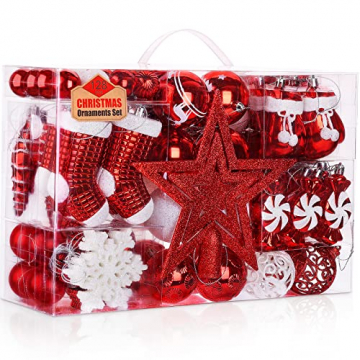 SOLEDI 128er Set Premium Weihnachtskugeln Kunststoff Rot Weiß mit Baumspitze Stern - Robuste und Sichere Christbaumschmuck Set mit Haken - Christbaumkugeln Bunt, Mehrweg Weihnachtsdeko - 1