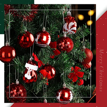 SOLEDI 128er Set Premium Weihnachtskugeln Kunststoff Rot Weiß mit Baumspitze Stern - Robuste und Sichere Christbaumschmuck Set mit Haken - Christbaumkugeln Bunt, Mehrweg Weihnachtsdeko - 7