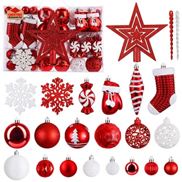 SOLEDI 128er Set Premium Weihnachtskugeln Kunststoff Rot Weiß mit Baumspitze Stern - Robuste und Sichere Christbaumschmuck Set mit Haken - Christbaumkugeln Bunt, Mehrweg Weihnachtsdeko - 8