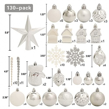 Weihnachtsbaumschmuck-Set, ROSELEAF 130Stück Silberne und Weiß Weihnachtskugeln Baumschmuck mit Stern Baumspitze für Weihnachten Hochzeit Party - 2
