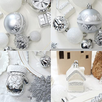 Weihnachtsbaumschmuck-Set, ROSELEAF 130Stück Silberne und Weiß Weihnachtskugeln Baumschmuck mit Stern Baumspitze für Weihnachten Hochzeit Party - 4