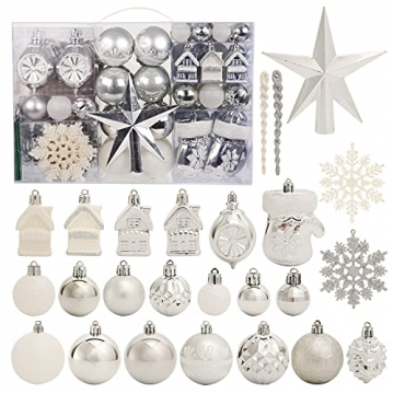 Weihnachtsbaumschmuck-Set, ROSELEAF 130Stück Silberne und Weiß Weihnachtskugeln Baumschmuck mit Stern Baumspitze für Weihnachten Hochzeit Party - 1