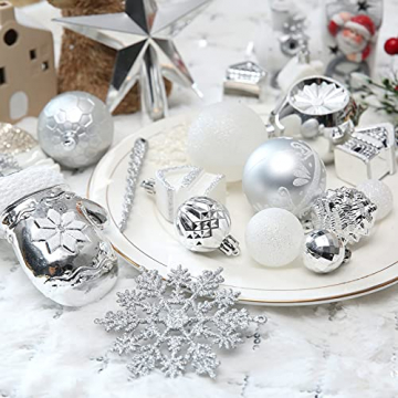 Weihnachtsbaumschmuck-Set, ROSELEAF 130Stück Silberne und Weiß Weihnachtskugeln Baumschmuck mit Stern Baumspitze für Weihnachten Hochzeit Party - 5