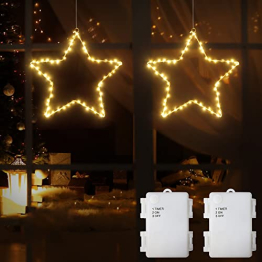 Beleuchtet LED Fensterdeko Stern warmweiß Batteriebetrieben, 2 Stück 120 LED Leuchtstern Weihnachten mit 1m Zuleitung und Timer für Fenster Beleuchtung Deko Hängen Weihnachtsdeko - 1