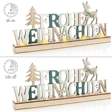 com-four® LED Deko Aufsteller aus Holz - beleuchteter Schriftzug auf Holzsockel - Deko-Schriftzug zum Hinstellen für Weihnachten - Stimmungslicht mit Timer (Rentiere - grün) - 2