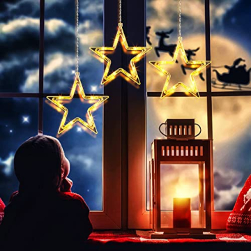 ELKTRY Weihnachtsdeko mit 3 Sterne, 30 LEDs Fensterdeko Stern Innen Batterie, Warmweiß Lichterkette Sterne Weihnachten Außen mit 4 Klebehaken für Fenster, Kinderzimmer, Weihnachten, Balkon, Garten - 6