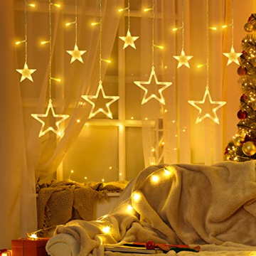 GYLEFY Lichterkette Sterne, 138 LEDs 2.3m Weihnachtslichterkette, Lichterkette Innen/Außen, Wasserdicht Weihnachtsbeleuchtung mit 12 Sterne und 8 Modi, Weihnachtsdeko Für Fenster, Balkon (Warmweiß) - 1