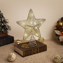 Lewondr Led Stern Christbaumspitze, 25,4cm Glitzernder Weihnachtsbaum Topper mit Timer Glitzerstern Batteriebetrieb Beleuchtung Weihnachtsdeko Stern Weihnachtsbaumspitze für Zuhause Innen,​Silber - 1