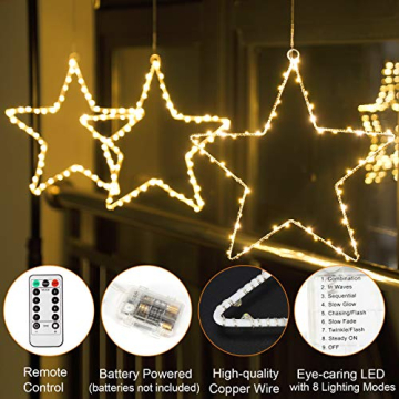 Litake LED Weihnachtsstern Beleuchtung, 6M 60 LED Jeder Stern Weihnachtslichter Stern Fensterdeko Weihnachtsdeko Batteriebetrieben Timer Warmweißen (3 Stk) - 4