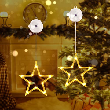 Qedertek LED Sterne Weihnachtsbeleuchtung, 10 LED Lichtervorhang Warmweiß Batteriebetriebene mit Saugnäpfe, Timer, Fenster Lichterkette Innen für Weihnachten Deko, Balkon, Party, Hochzeit (2 Stück) - 1