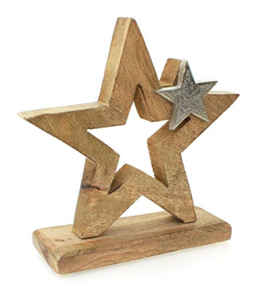 TEMPELWELT Deko Figur Stern Sternaufsteller 21 cm, Mangoholz Holz massiv Natur braun Aluminium Metall Silber, Winterstern Weihnachtsstern Sternfigur - 2
