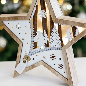 VALERY MADELYN LED Holz Weihnachtsstern mit Reißverschlussaus 27cm Silber Weiß Holzstern Stimmungbeleuchtung Fensterdeko im Winter, Warmweißen LEDs für Weihnachten Advent Weihnachtsschmuck - 5
