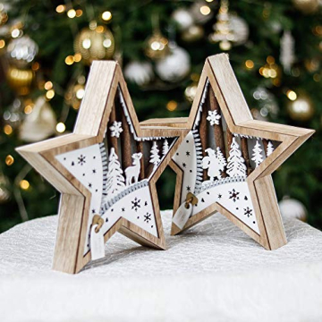 VALERY MADELYN LED Holz Weihnachtsstern mit Reißverschlussaus 27cm Silber Weiß Holzstern Stimmungbeleuchtung Fensterdeko im Winter, Warmweißen LEDs für Weihnachten Advent Weihnachtsschmuck - 6