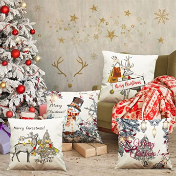 4 Stück Kissenbezug Weihnachten,Weiß Kissenbezug Frohe Weihnachtsdeko Baumwolle Leinen Kissenbezug 45x45 Weihnachten - 6