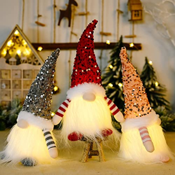 FONDUO 3 Stück Weihnachten Wichtel mit Licht Weihnachtsdeko Weihnachtszwerg Plüsch H30cm Weihnachtspailletten mit LED Weihnachten Figur Herbsternte GNOME (3 Stück-Bunt) - 3