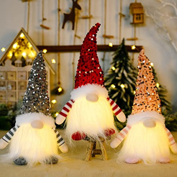 FONDUO 3 Stück Weihnachten Wichtel mit Licht Weihnachtsdeko Weihnachtszwerg Plüsch H30cm Weihnachtspailletten mit LED Weihnachten Figur Herbsternte GNOME (3 Stück-Bunt) - 1