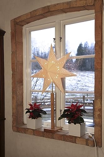 EGLO Tischlampe mit Weihnachtsstern, Deko-Stern beleuchtet aus Papier mit Holz-Sockel, 3D Fenster-Leuchtstern stehend in Weiß mit Kabel, E14 - 3