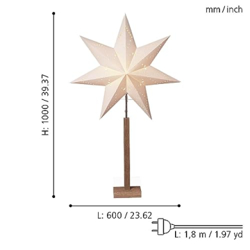 EGLO Tischlampe mit Weihnachtsstern, Deko-Stern beleuchtet aus Papier mit Holz-Sockel, 3D Fenster-Leuchtstern stehend in Weiß mit Kabel, E14 - 4