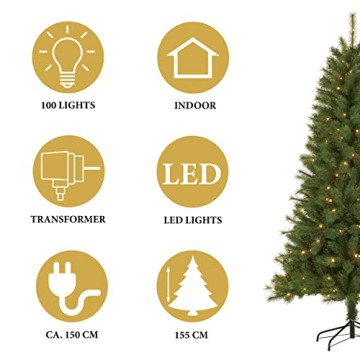 Giftsome Künstlicher Weihnachtsbaum mit Beleuchtung - Tannenbaum Künstlich 155 CM - Klappbare Äste - LED Baum - Christbaum mit Warmweißes LED Licht - Christmas Tree - Grün - 3