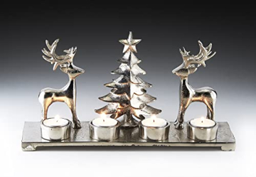 Kobolo Kerzenhalter Teelichthalter -Weihnachtsbaum+Rentiere- Metall - Silber - 33x10x18 cm - 2