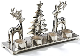 Kobolo Kerzenhalter Teelichthalter -Weihnachtsbaum+Rentiere- Metall - Silber - 33x10x18 cm - 1