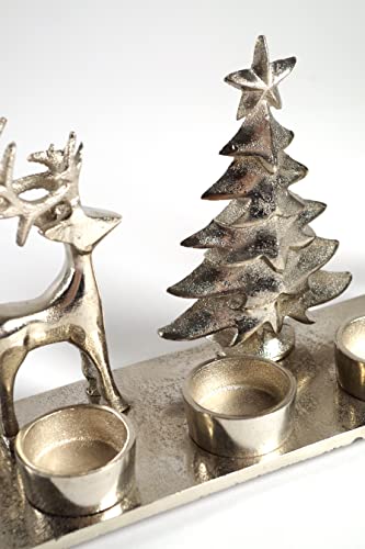 Kobolo Kerzenhalter Teelichthalter -Weihnachtsbaum+Rentiere- Metall - Silber - 33x10x18 cm - 5
