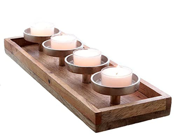 Mango Advents Kerzenhalter - 47 x 15 x 7 cm - Massiv Holz Kerzenständer mit Aluminium Haltern - 1