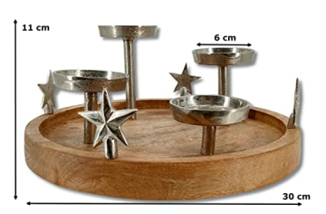 Mango-Holz und Metall Kerzenhalter rund Silber mit Sternen Ø 30cm für Vier große Stumpen-Kerzen Tisch-Deko Advent-Kerzenständer - 2