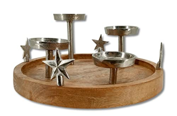Mango-Holz und Metall Kerzenhalter rund Silber mit Sternen Ø 30cm für Vier große Stumpen-Kerzen Tisch-Deko Advent-Kerzenständer - 3